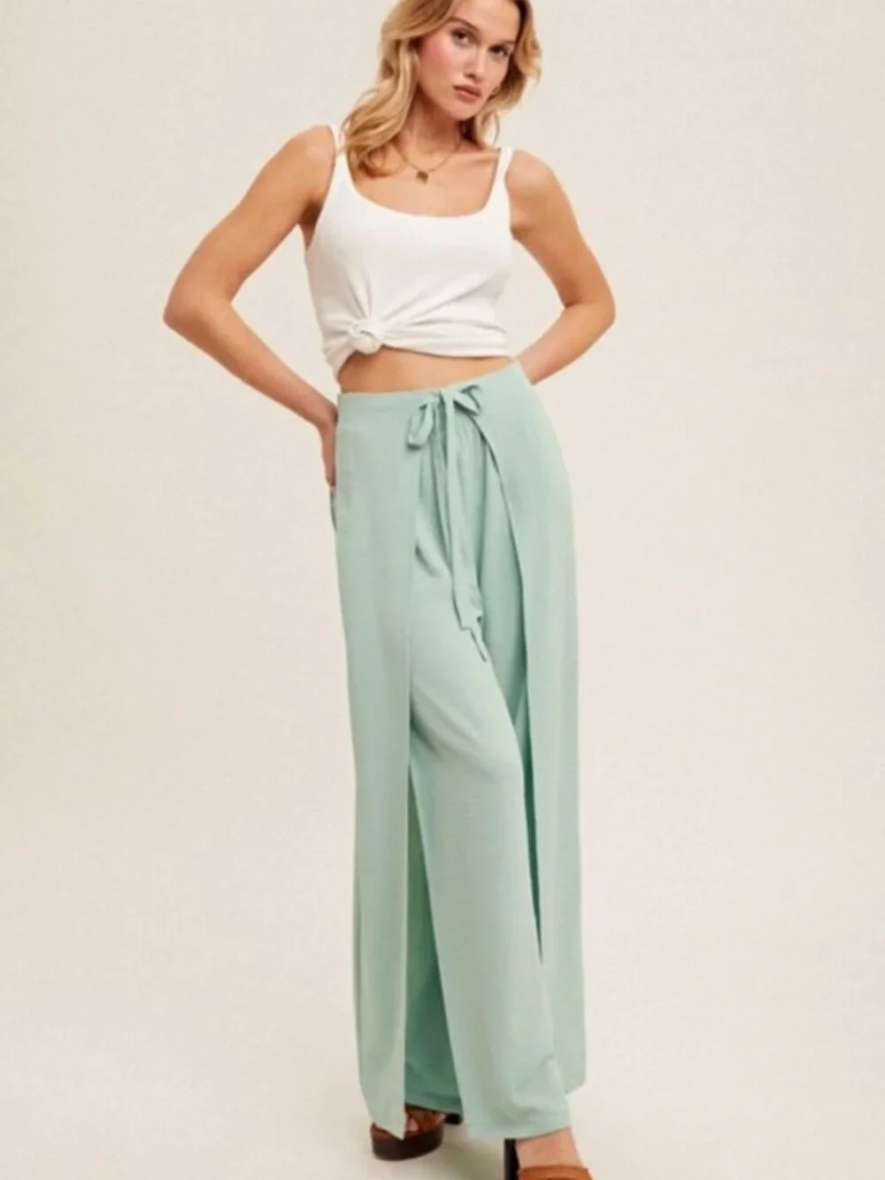 Green Wrap Front Wide Leg Summer Pants Large